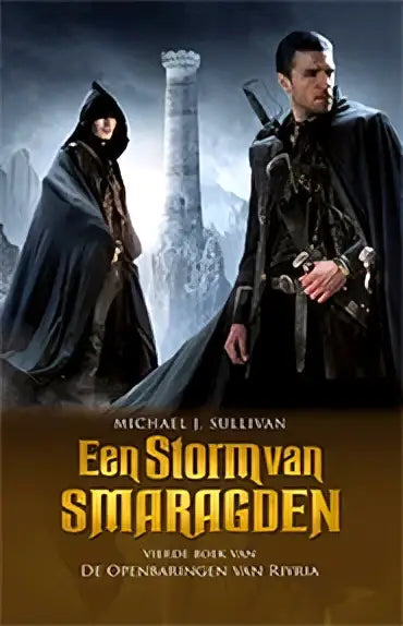 Dark hooded cloaks with intricate detailing frame two figures against a stormy sky in luitingh sijthoff fantasy book een storm van smaragden