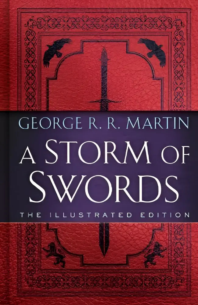Rood lederen bandboek a storm of swords met zwarte ornamenten en een zwaardillustratie in the illustrated edition