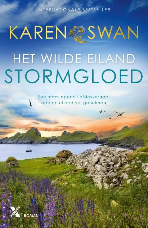 Stormgloed boek met een levendig landschap van paarse wilde eilandbloemen en groene heuvels onder een dramatische lucht