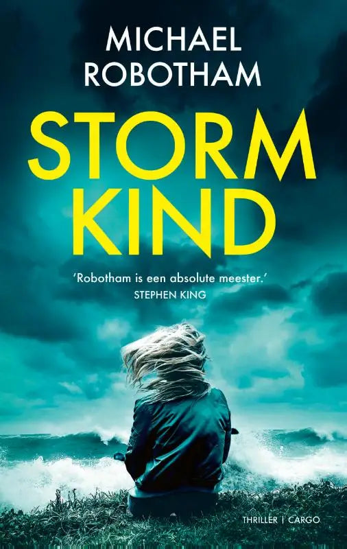 Boekcover stormkind door michael robotham met gedurfde gele letters tegen stormachtige teal lucht en golven