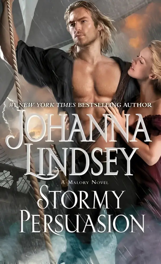 The cover of stormy persuasion a malory novel shows a muscular blond man and a darkly dressed woman by a stormy sea