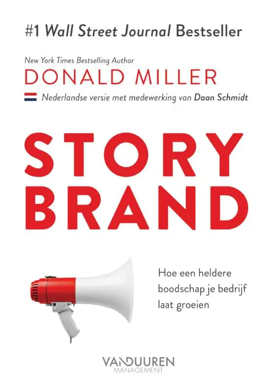 Rood-witte megaphone met textuurhandvat onder de titel op de cover van storybrand laat een heldere boodschap zien en helpt bedrijf laat groeien