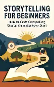 The book storytelling for beginners features bold black text and an illustration of golden birds to help craft compelling stories