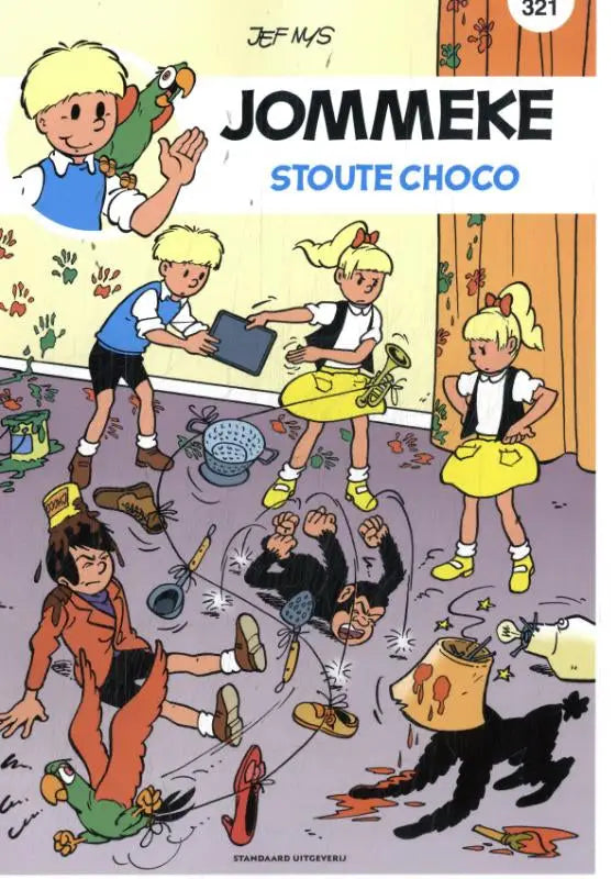 De cover van de jommeke comic stoute choco door jef nys toont cartoon kinderen en een aap in een rommelige kamer voor informatieve strips