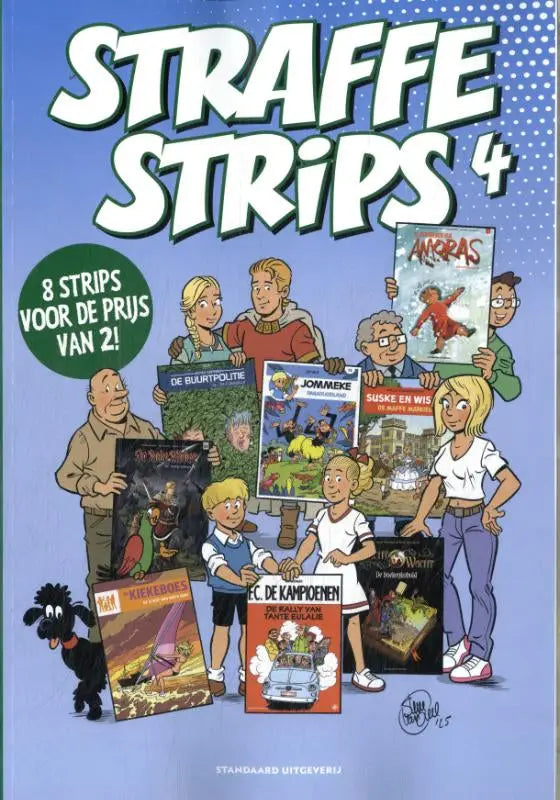 De cover van de comic collectie straffe strips 4 toont een kleurrijke cartoonillustratie met verschillende personages en strips algemeen