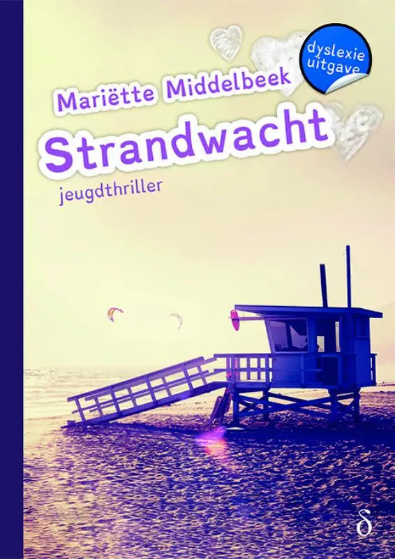 Boek strandwacht door mariëtte middelbeek met paarse en witte tekst op een strandscène cover