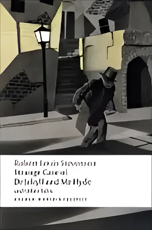 Zwartwit geïllustreerde boekomslag jekyll and fragment met een gestileerd figuur in een hoed lopend door een steegje