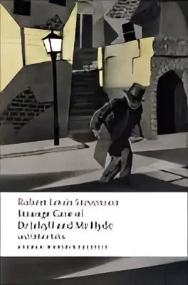 Het boek strange case of dr jekyll and mr hyde toont een zwartwit illustratie van twee figuren in een zonovergoten binnenhof