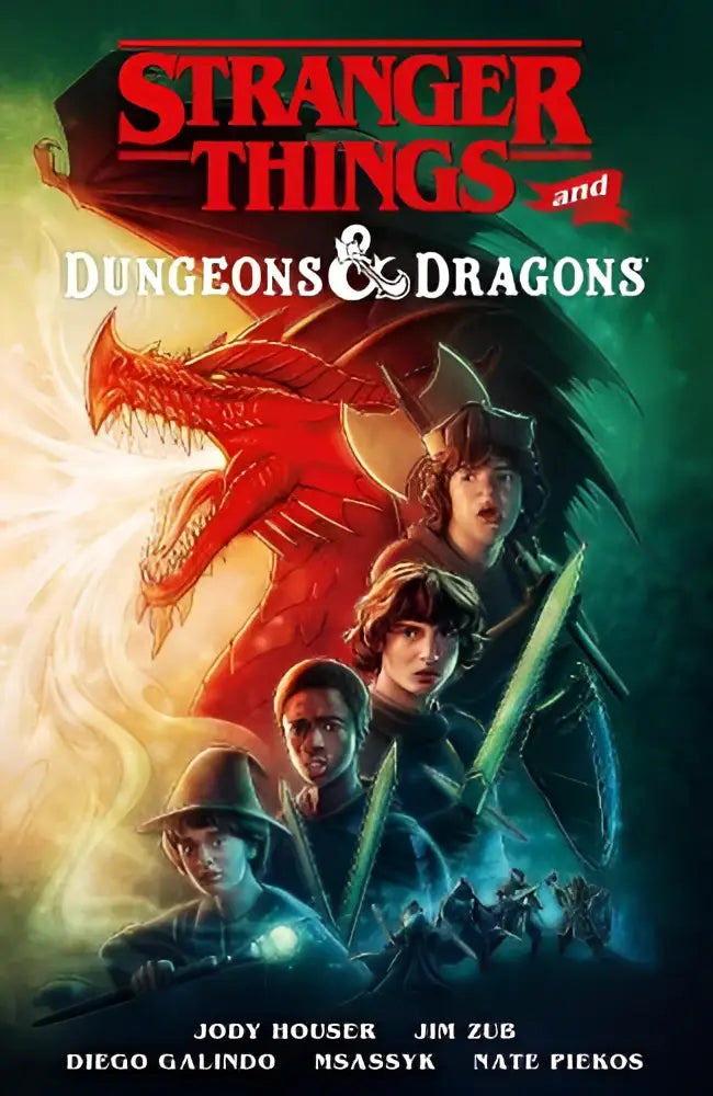 Red dragon with glowing eyes and wings soaring above young adventurers in stranger things and dungeons graphic novel