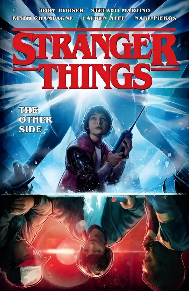 Stranger Things the other side graphic novel cover with a girl in red jacket holding silver device against blue red background