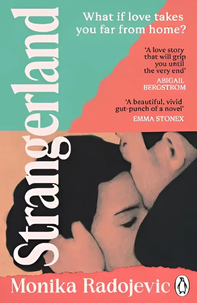 The book cover for strangerland by monika radojevic features a stylized black-and-white illustration reflecting the merky physical narrative theme