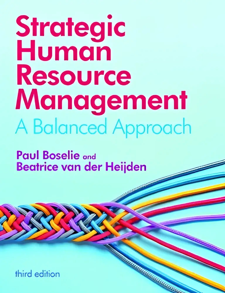 The book cover for strategic human resource management features bold pink and teal lettering with a colorful braided cord design at the bottom