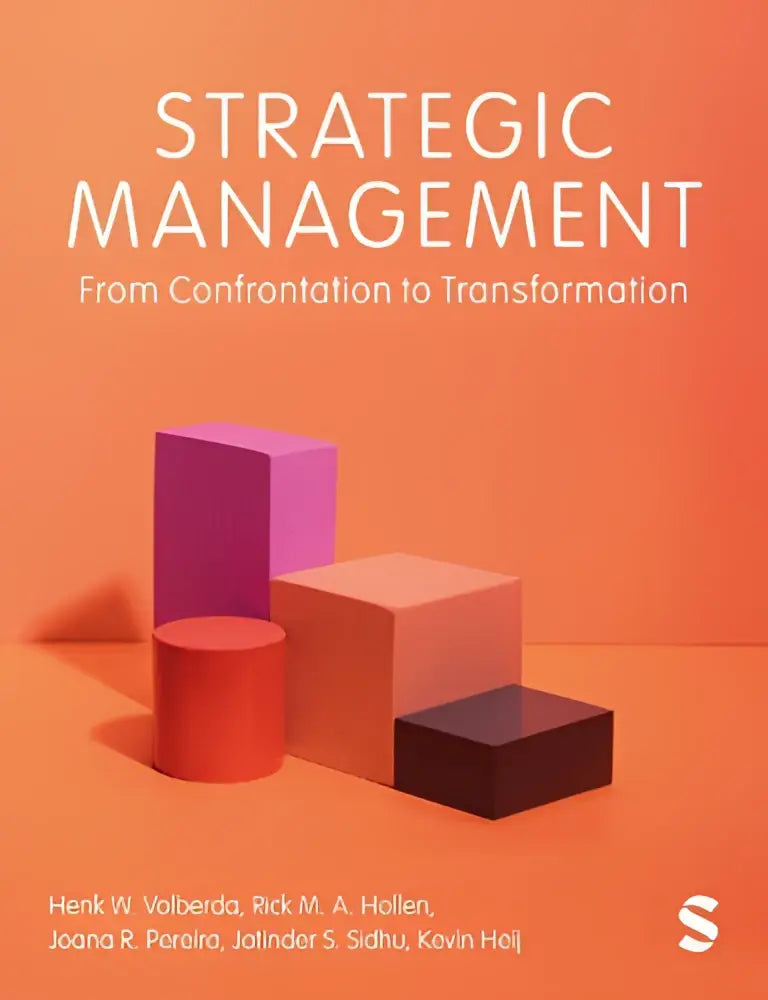 De boekcover van strategic management toont de titel in witte letters op een oranje achtergrond met kleurrijke geometrische vormen