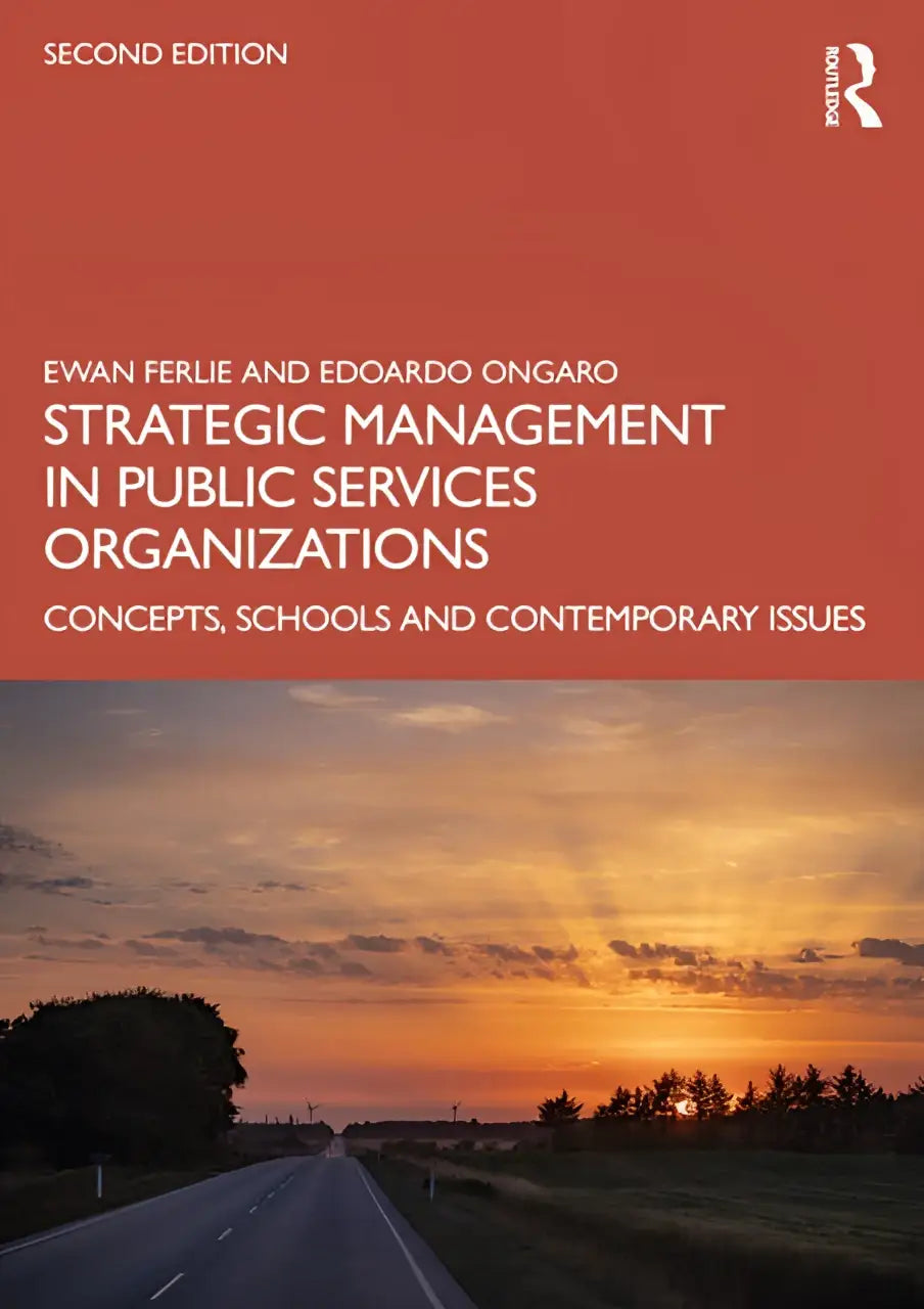 De boekcover heeft een oranje-rode achtergrond met witte tekst over strategic management in public services organizations met focus op schools and contemporary issues