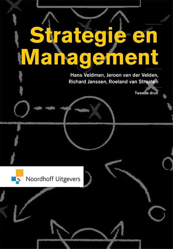 Zwart boek over strategie en management met gele titel en witte voetbalstrategie diagrammen van hans veldman en richard janssen