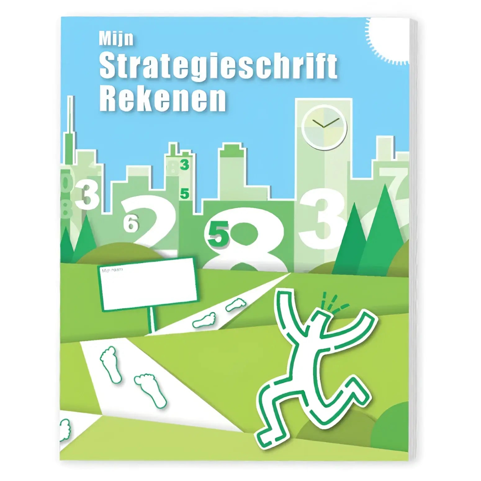 Een kleurrijk strategieschrift rekenen met een cartoon stadsgezicht en cijfers op de voorkant voor kinderen