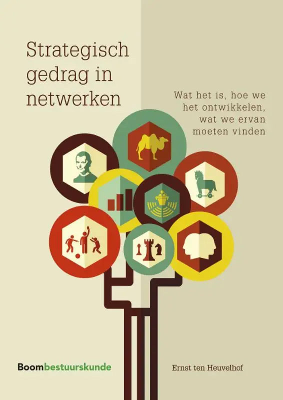 De boekcover van strategisch gedrag in netwerken van ernst ten heuvelhof toont een boom met hexagonale symbolen op beige achtergrond