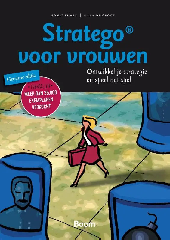Blauw-witte geïllustreerde boekomslag van stratego voor vrouwen door monic bührs en elisa de groot, uitgegeven door boom