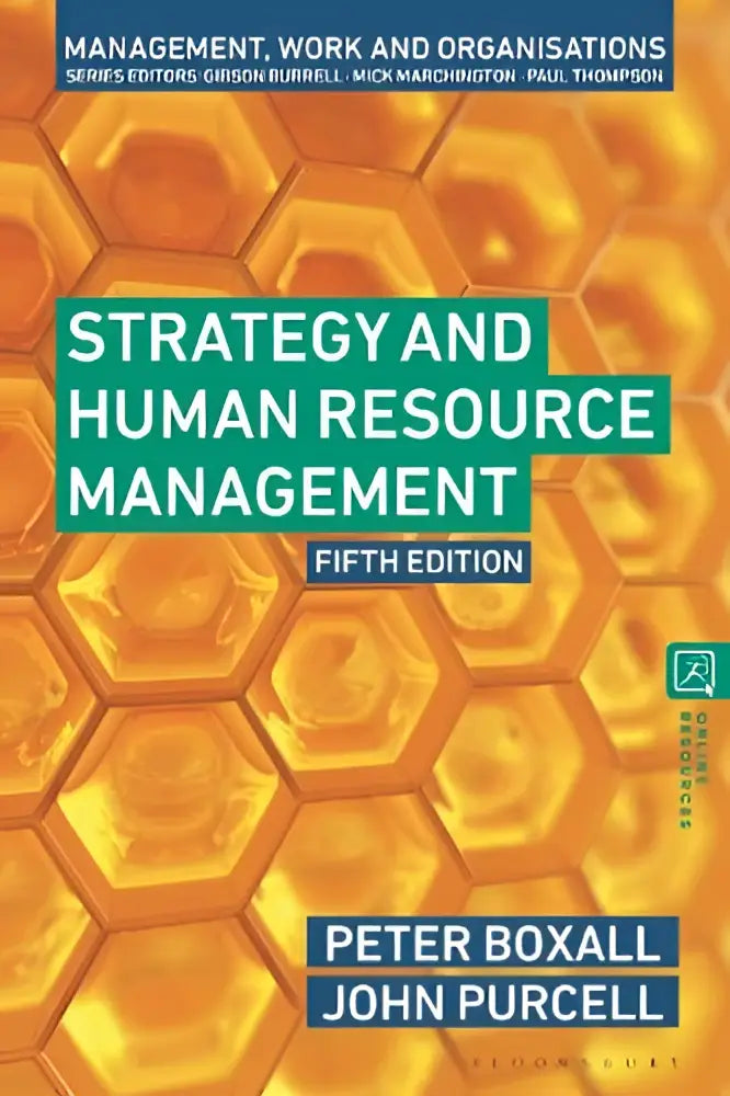 Het boek strategy and human resource management heeft een oranje honingraatmotief met witte en teal tekst