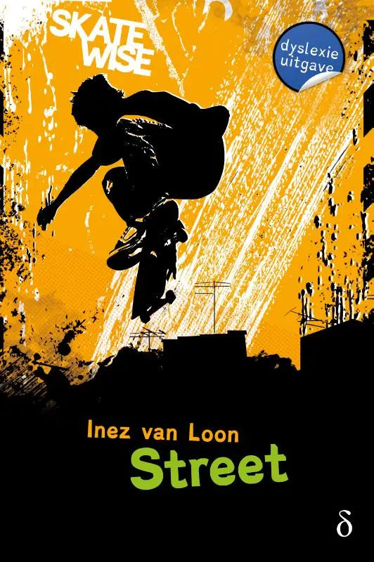 De cover van het boek street van inez van loon toont een zwarte skateboarder silhouet tegen oranje gele graffiti achtergrond in serie skatewise deel 4