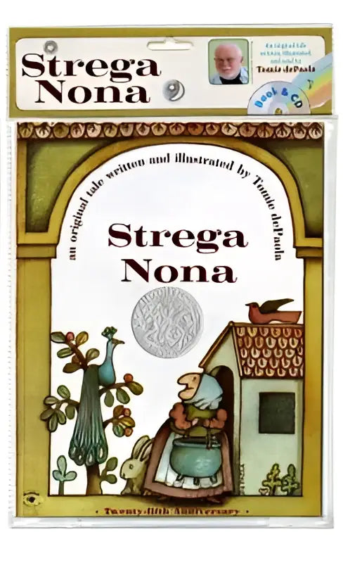 Strega nona book and cd with illustrated cover showing a grandmotherly figure, peacock, and house in warm earth tones