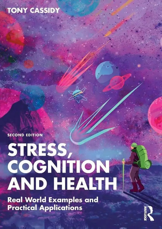 Het boek over stress cognitie en gezondheid toont een kosmische omslag met planeten en praktische toepassingen