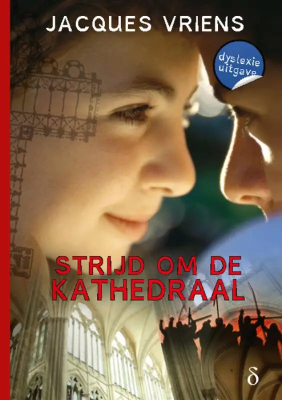 Boekcover van Strijd om de kathedraal met een portret van twee personen en een silhouet in kathedraalinterieur