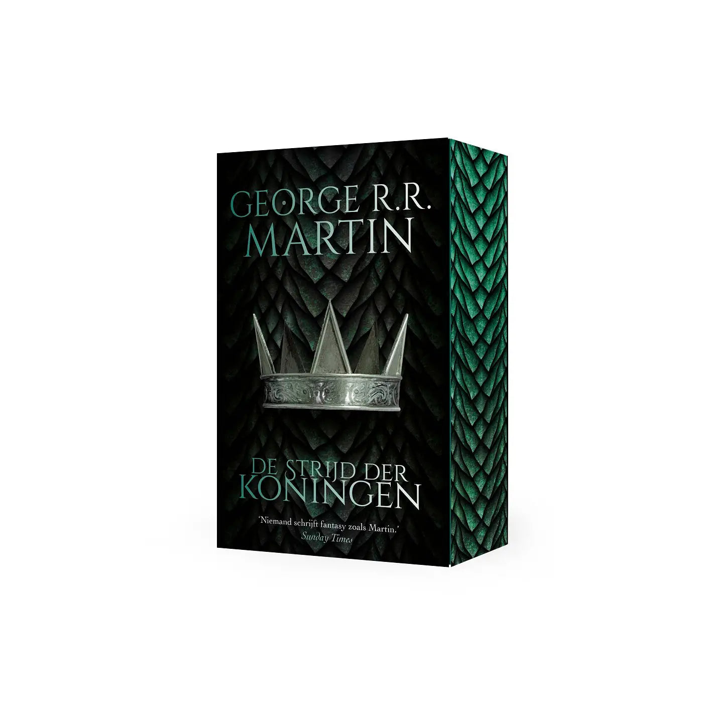 Zwarte boxset strijd der koningen met zilveren kroon en groene draaksschubben aan de zijkanten van george r.r