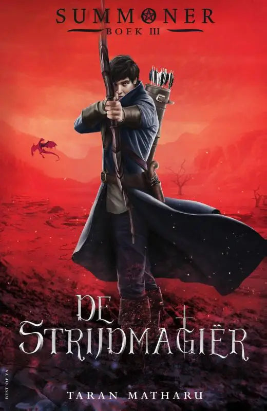 Jong archer in blauwe jas en donkere mantel met boog tegen vurige rode lucht voor jonge lezers in de strijdmagiër