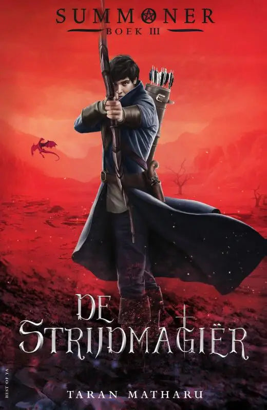 De cover van het boek summoner de strijdmagier van taran matharu toont een jonge boogschutter in blauw en zwart met boog tegen vuurrode lucht