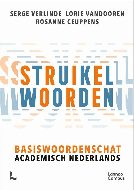 De boekcover van struikelwoorden basiswoordenschat academisch nederlands toont oranje en blauwe letters op een witte achtergrond met geometrische patronen