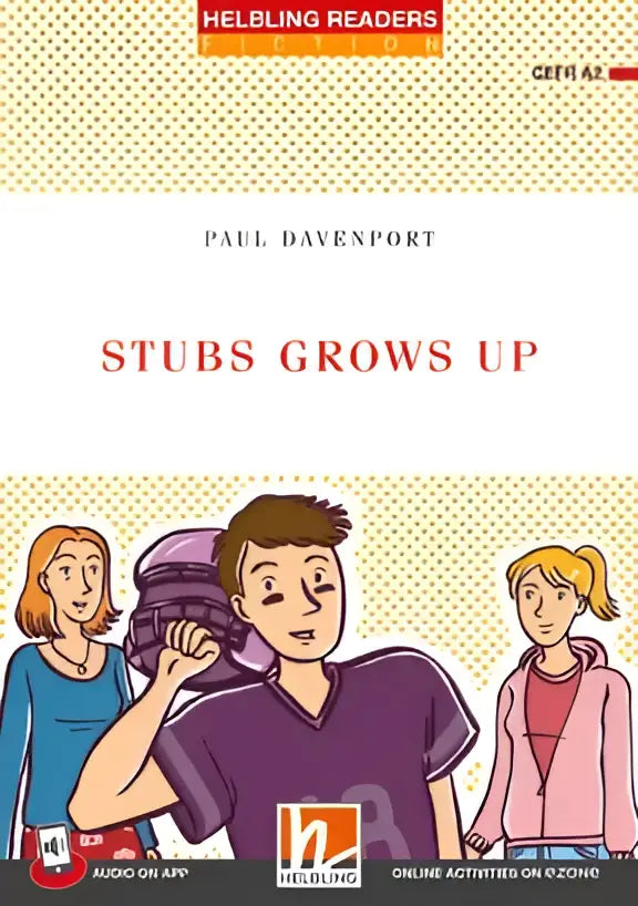 Paarse hoodie gedragen door cartoonjongen op boekcover Stubs groeit op