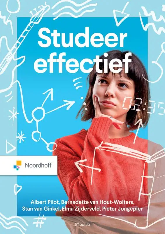 De cover van het boek studeer effectief van noordhoff toont een vrouw in een oranje trui voor een lichtblauwe achtergrond met witte tekeningetjes