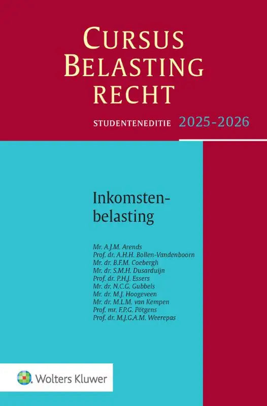 Boek cover met goudkleurige letters cursus belastingrecht inkomstenbelasting op rood en blauw achtergrond studenteneditie