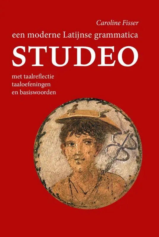 Rood boek met een cirkelvormig oudromeins portret en de titel studeo latijnse grammatica en taaloefeningen