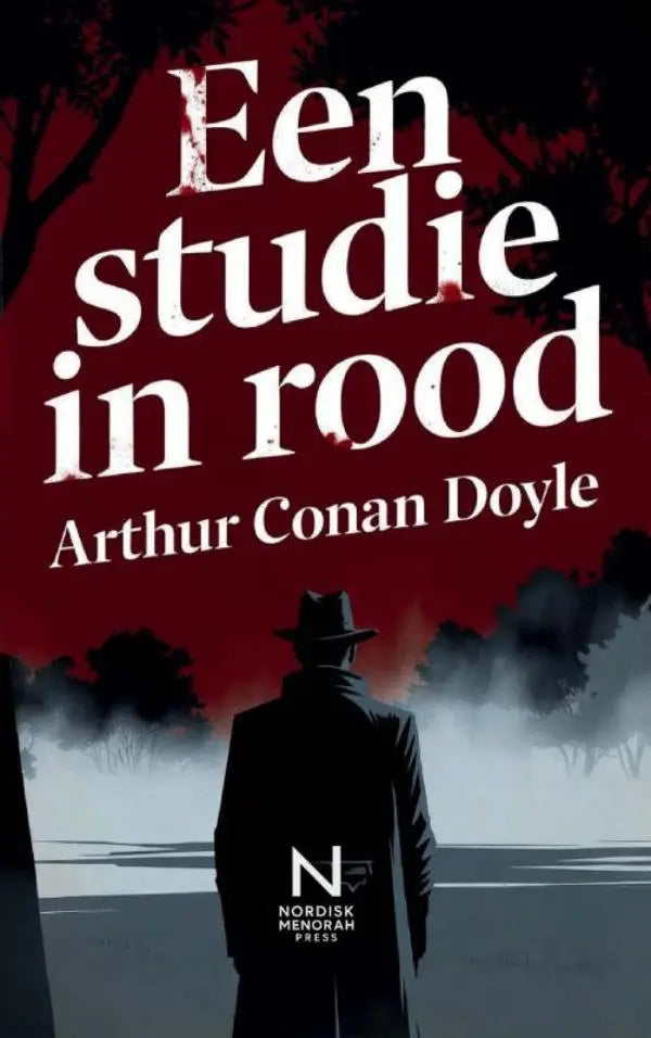 Een studie in rood boek met een silhouet van sherlock holmes tegen een rode en grijze achtergrond