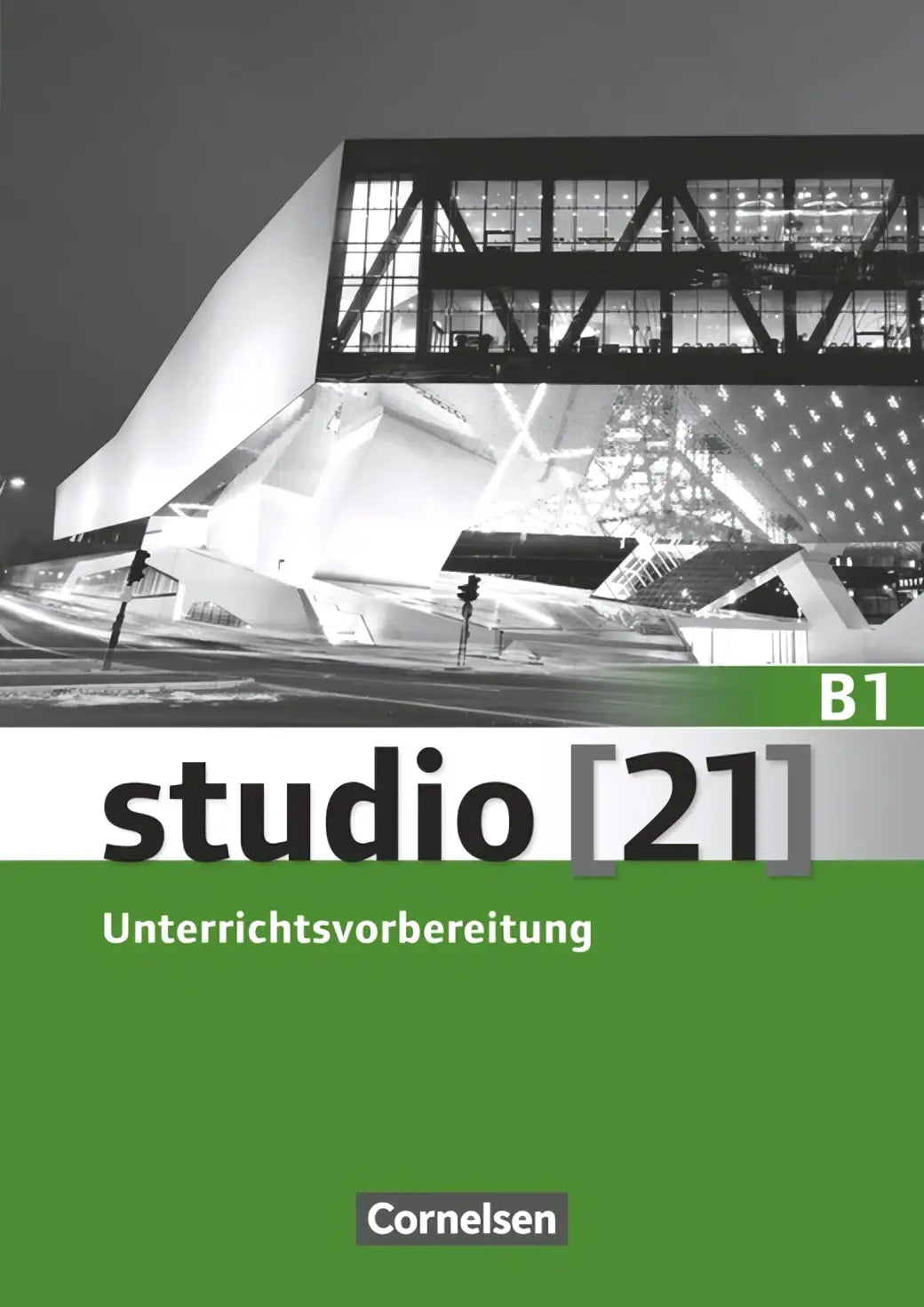 Studio 21 grundstufe b1 onderwijsmateriaal met cd-rom en omslagfoto van modern zwartwit gebouw met verlichte ramen