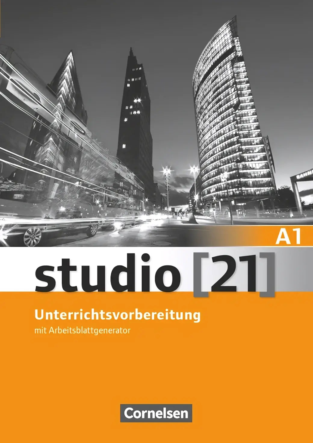 Studio 21 a1 leerboek met zwart-wit stadsgezicht en oranje onderkant met witte tekst inclusief cd-rom voor lesvoorbereiding