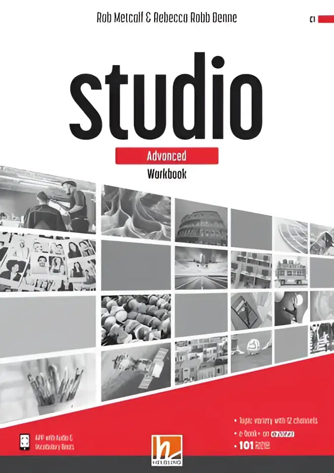 Studio Advanced Workbook + e-zone door Rob Metcalf en Rebecca Robb Benne, witte cover met zwarte tekst en rode accenten