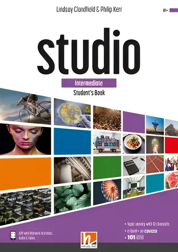 Studio Intermediate Student Book met witte paarse cover en kleurrijke collages