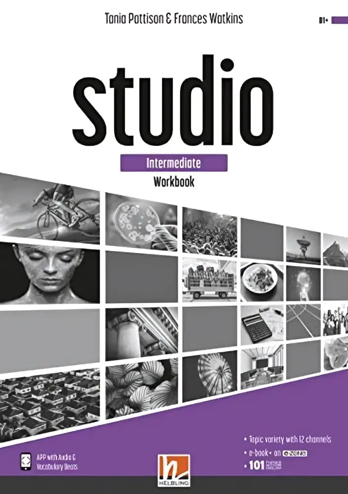 Studio intermed workbook van houghton mifflin harcourt met zwart-wit fotogrid op kaft voor educatief gebruik