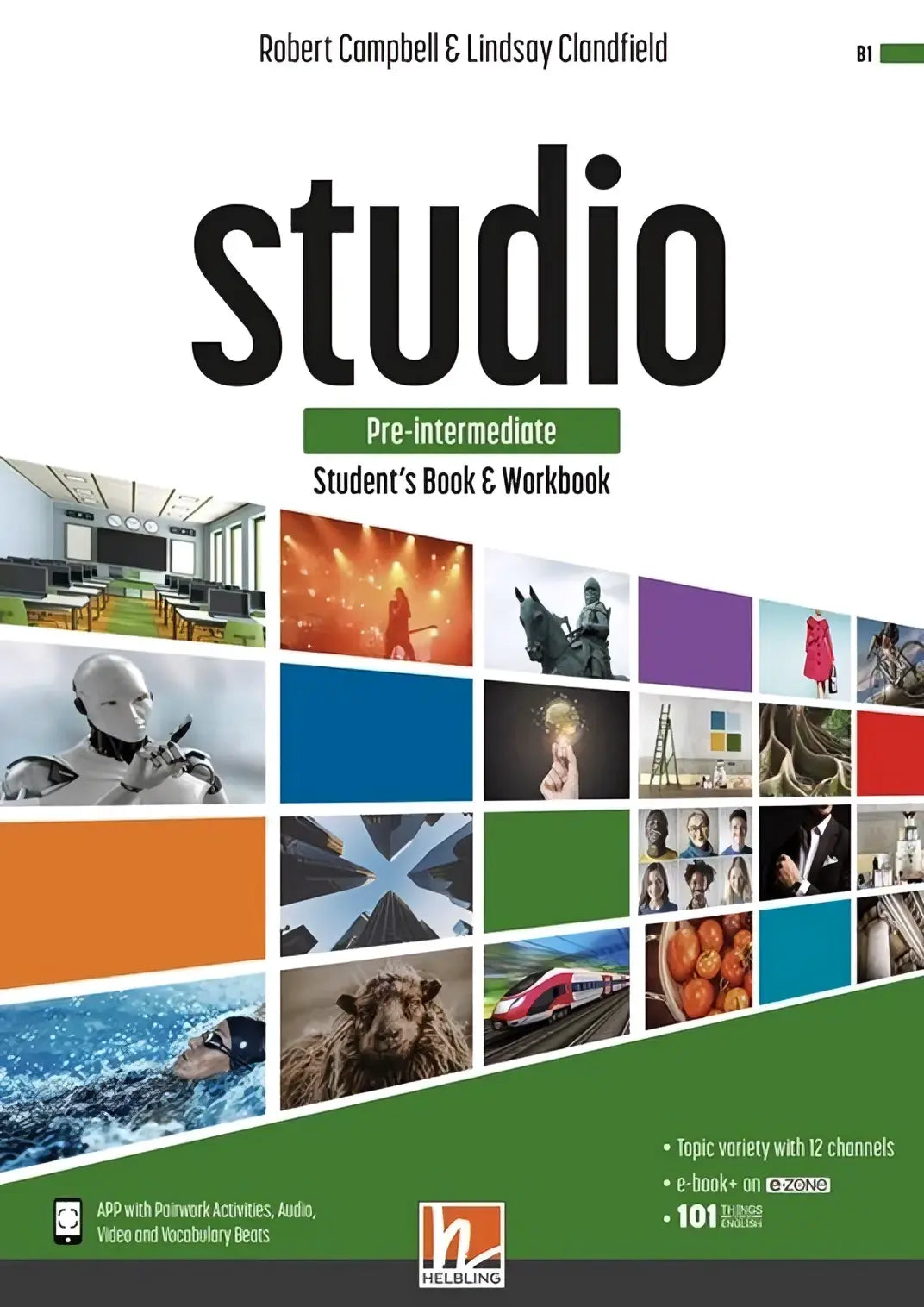 Studio pre-intermediate student’s book and workbook by robert campbell and lindsay clandfield with colorful collage cover design