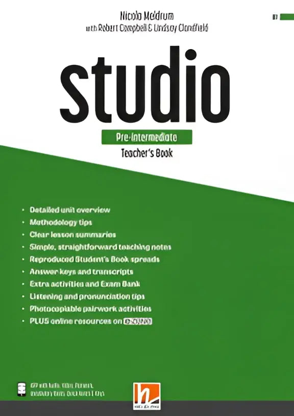 Studio pre-intermediate Teacher’s book door Nicola Meldrum, witte-groene cover
