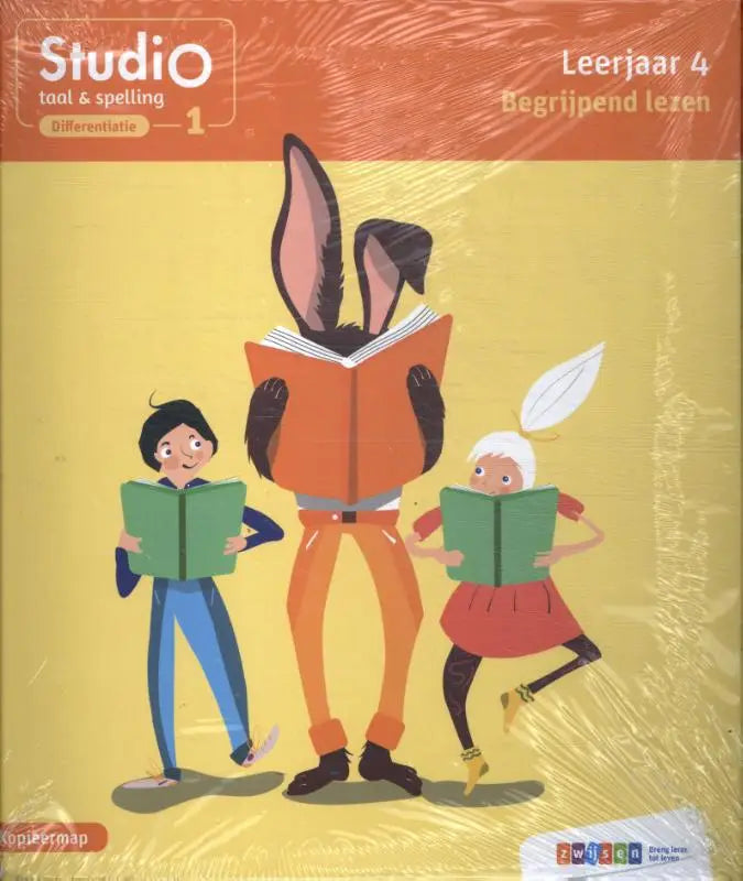 Studio taal kinderwerkboek omslag in oranje en groen met konijn en twee kinderen die lezen