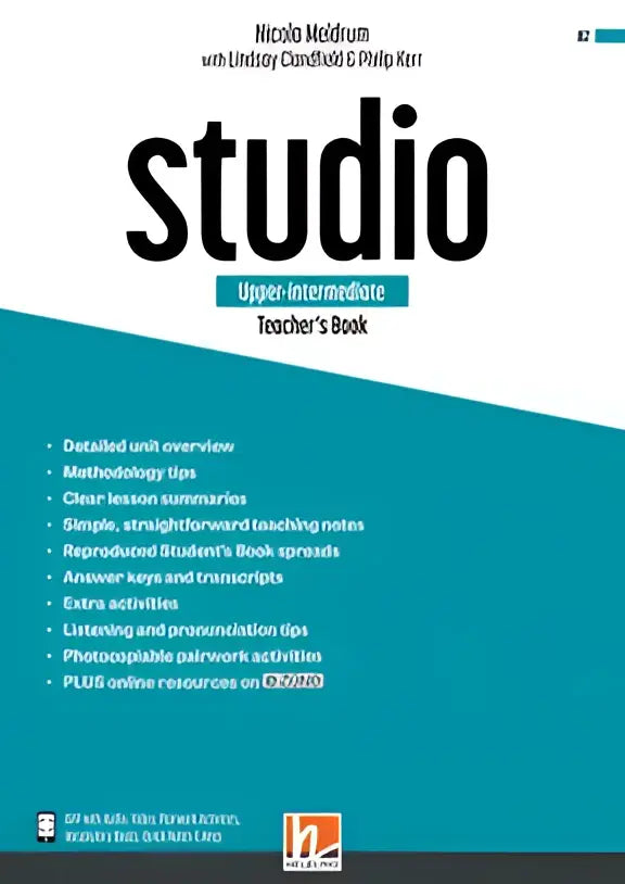 Studio upper-intermediate lerarenboek, teal-wit tekstboek met e-zone