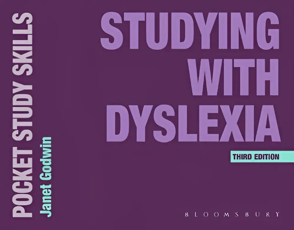 Paars boek met studeren met dyslexie als titel in lichtpaarse tekst door janet godwin, derde editie, bloomsbury