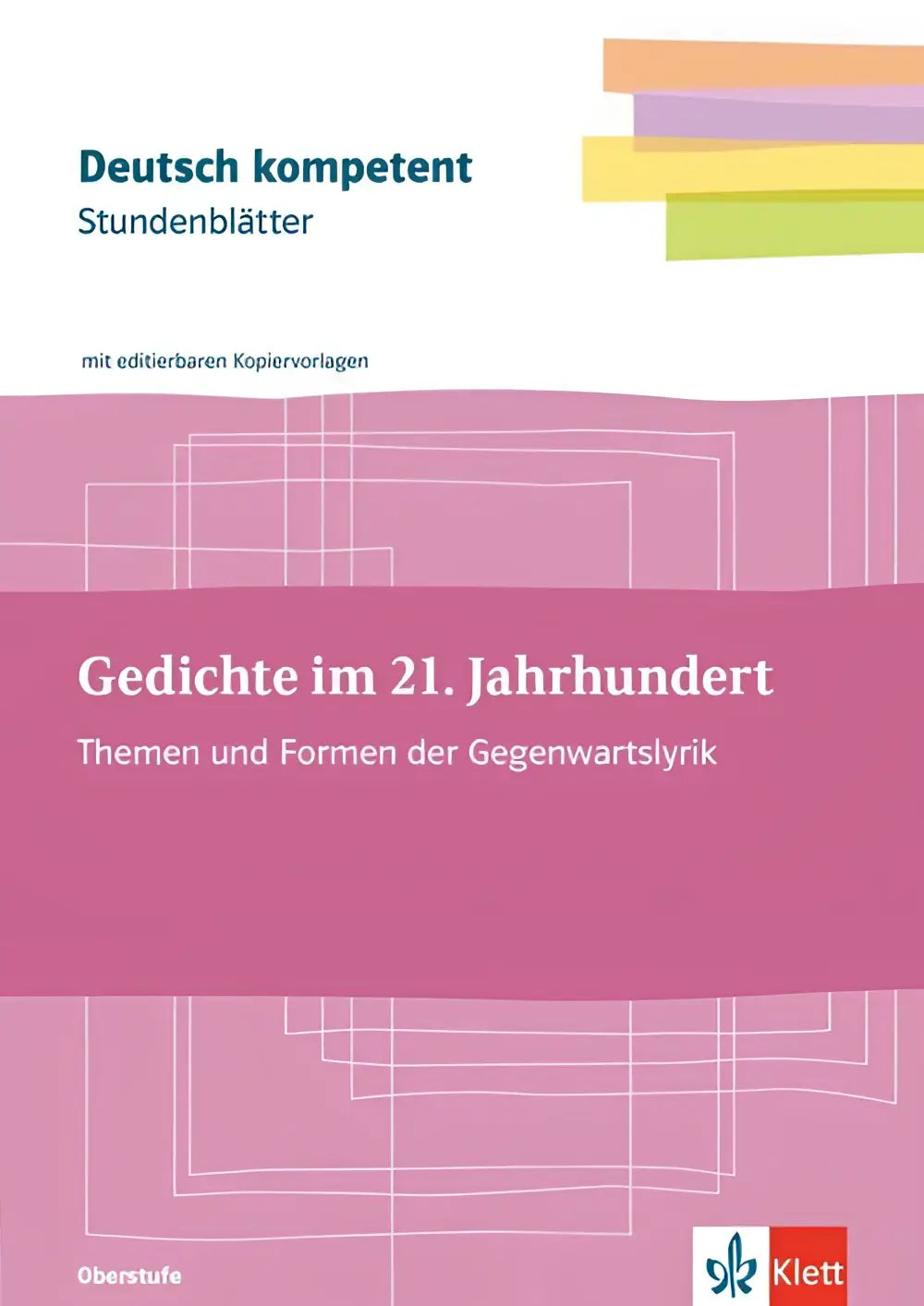 Roze boekomslag met witte tekst en geometrisch ontwerp urenbladen gegenwartslyrik kopiervorlagen mit downloadpaket