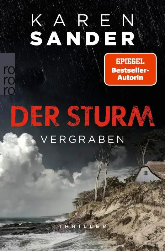 De cover van het boek der sturm vergraben toont een stormachtige zee met een wit huis op een klif onder donkere lucht