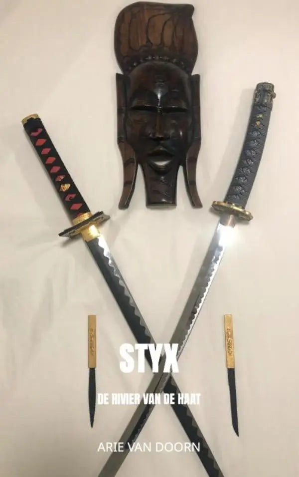 Twee japanse stijl zwaarden styx met zwarte en gouden hilts en rode patroonwikkeling rivier van de haat