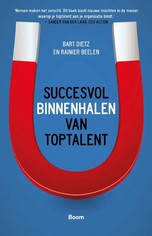 Rood-witte u-vormige magneet op blauwe achtergrond voor succesvol binnenhalen van toptalent product